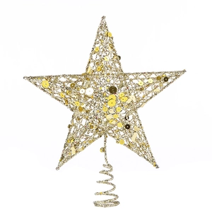 Detailed view of gold glitter star tree topper with iron spiral base for Christmas decor