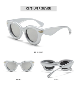 Detailed views of silver vintage bubble sunglasses with metallic frame and gold trim accents