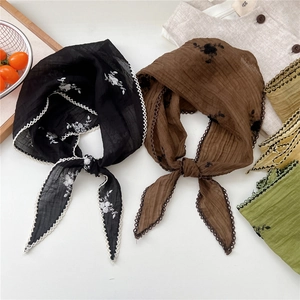 Floral embroidered vintage sunscreen headscarf in black and brown with lace edges