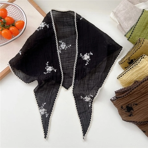 Floral embroidered triangle headscarf with white lace trim in a vintage breathable style