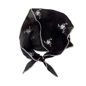 Elegant black embroidered sun protection neck scarf with white floral lace trim details