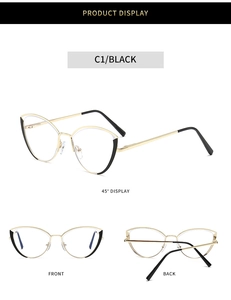 Detailed views showing black and gold metal cat-eye frames from multiple angles