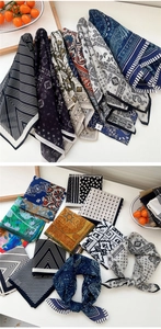 Détail de foulards en soie imprimés aux motifs cachemire et géométriques variés