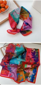 Vue détaillée d'un foulard en soie multicolore avec motifs floraux et textures artistiques