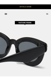 Detailed close-up of the smooth black texture frame and hinge of these modern sunglasses