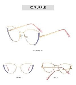 Detail view of purple and gold cat-eye metal frame glasses with pink anti-slip temple tips