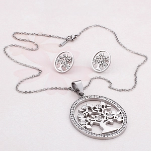 Stainless steel jewelry set featuring a cubic zirconia Tree of Life necklace and earrings