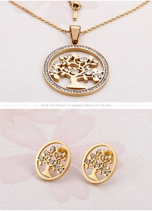 Detailed view of gold stainless steel Tree of Life necklace and earrings set with zircons