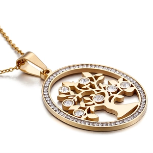 Gold stainless steel jewelry set with sparkling crystal tree of life circle pendant
