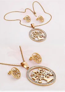 Detail of tree of life jewelry set with crystal-encrusted circles in gold finish