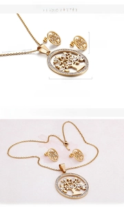 Detail view of gold Tree of Life jewelry set with dimensions and crystal pavé details