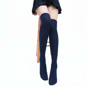 Detail view of navy blue ribbed knit over-the-knee socks with elastic texture