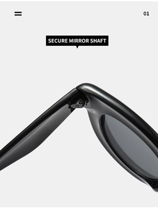 Close-up of secure mirror shaft and reinforced hinge on black bubble sunglasses