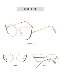 Detailed multi-angle views of coffee and gold cat-eye metal glasses frame C3