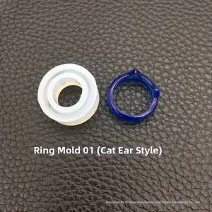 Dettaglio dello stampo in silicone per anelli con anello in resina blu a orecchie di gatto