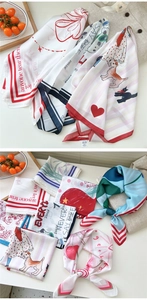 Artistic printed silk-like square scarves with vintage patterns and smooth texture