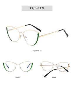 Three perspectives of cat-eye gold metal frames with green accents and black temple tips