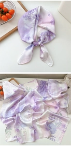 Detailed close-up of lavender floral silk scarf texture and knotting style for women