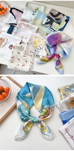 Detailed close-up showing the smooth silk texture and vibrant prints of the stylish neck scarf
