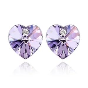 Lavender heart crystal stud earrings with multifaceted cut and sparkling zircon stone