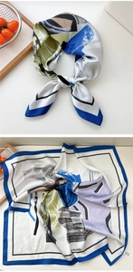 Detailed view of square silk scarf with blue and yellow abstract art pattern