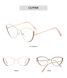 Detailed multi-angle view of gold and pink cat-eye metal glasses frame color C5