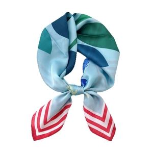 Fashionable 70cm sky blue silk square scarf with geometric patterns and stripes