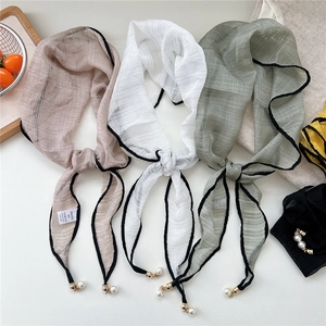 Women Lightweight Chiffon Scarf Solid Color Diamond Shape Necktie With Contrast Piping And Artificial Pearl Pendant Elegant Hair Bandana