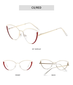 Multi-angle view of gold metal cat-eye glasses frames with stylish red coating accents