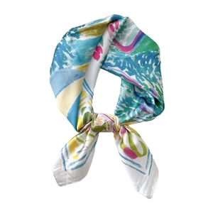 Colorful abstract print square silk scarf for women featuring vibrant artistic strokes