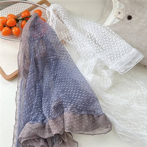 Detailed view of lightweight lace triangle scarves with delicate polka dot embroidery