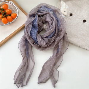 Detailed macro view of lightweight mesh scarf with classic white polka dots and lace texture