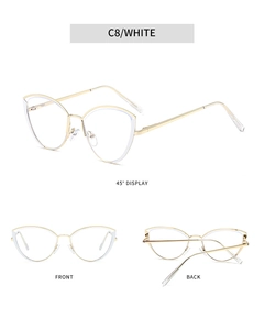 Three-way view of cat eye metal frame glasses showing front back and side angles in gold
