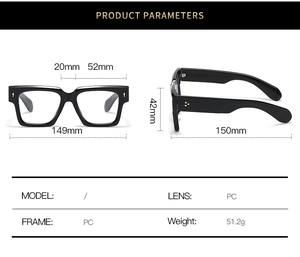 Technical size guide and detailed dimensions for square frame blue light blocking glasses
