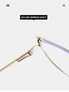 Detail of secure mirror shaft hinge on golden cat eye metal glasses frames