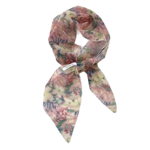 Floral print mesh scarf for women featuring pink and yellow blossoms on white background