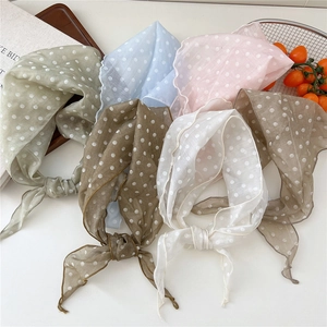 Set of six colorful polka dot chiffon headbands and thin neck scarves in various pastels