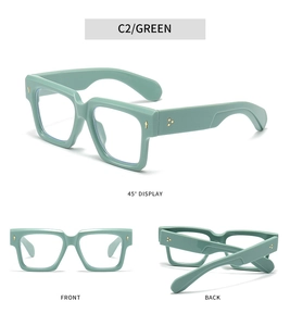 Multiple views of mint green square glasses frames with stylish gold rivet details