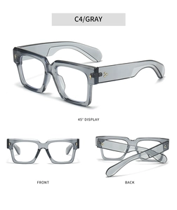 Detailed multi-angle views of transparent gray square frame glasses with gold floral accents