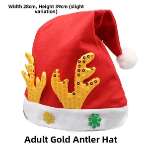 Detailed view of adult reindeer antler Christmas hat with size specs 28cm by 39cm
