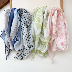 Floral chiffon neck scarf set with blue stripes and dots, featuring wavy lettuce edges
