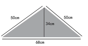 Detailed dimension map of the grey lace cotton scarf showing 68cm base and 50cm side length