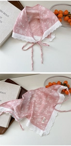 Detailed view of pink floral cotton linen scarf with elegant white lace embroidery