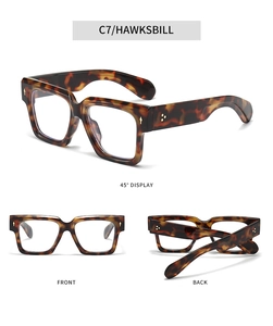 Three-view layout of square tortoiseshell blue light glasses with metal rivets