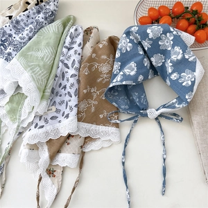 Lace-trimmed cotton linen triangle scarf collection in assorted floral and pastoral patterns