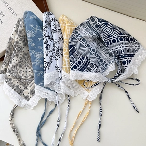 Cotton linen neck scarf with heart lace edges in beige, blue, white, and floral patterns