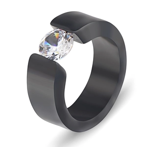 Minimalist 8mm black stainless steel ring featuring a large round white sparkling zircon
