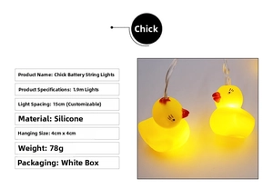 Detail showing 1.8m LED chick string light with warm vinyl animals for holiday decor
