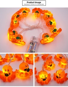 Detail of cartoon duck LED string lights with orange vinyl finish and clear battery box