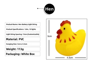 Detail specifications of 1.8m LED chicken string light with vinyl hen pendant dimensions